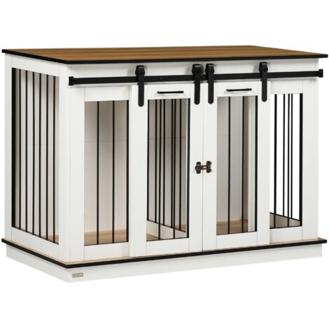 Cage pour chien, niche avec deux pièces pour chiens de taille moyenne, boîte pour chien avec double porte, blanche, 120 x 60 x 88,5 cm
