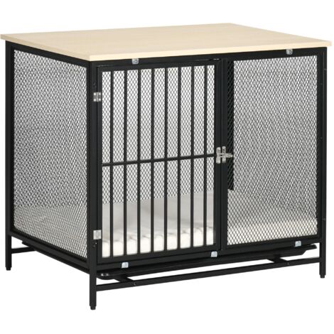 Cage pour chien, niche avec plateau, niche avec coussin, plateau de base extensible, cage de transport, chêne et noir, 80 x 55 x 71 cm