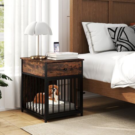 Cage pour Chien Niche en Bois avec Station de Charge Tiroir de Rangement Tubes Métalliques Cage d'Intérieur pour Animaux de Compagnie Café