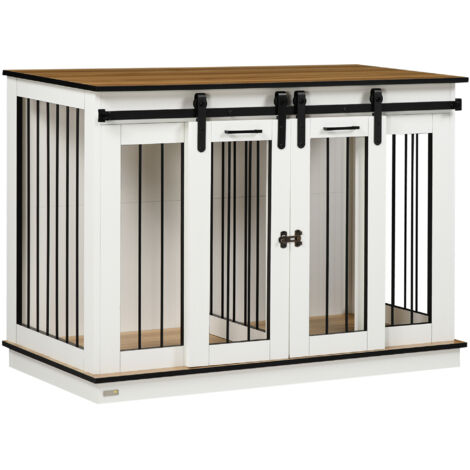 Cage pour chien, niche pour chien avec option biplace pour chien de taille moyenne, chenil double porte, maison pour chien, Blanc, 120 x 60 x 88,5 cm