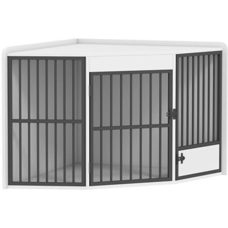 Cage pour chien, niche pour chiens de petite et moyenne taille, cage de transport, porte pour gamelle, MDF, métal, blanc