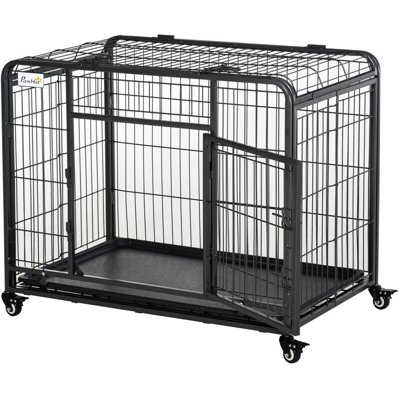 Pawhut - Cage pour chien pliable cage de transport sur roulettes 2 portes verrouillables plateau amovible dim. 125L x 76l x 81H cm métal gris noir