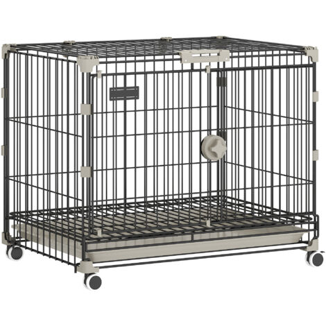 Cage pour Chien Pliable, Plateau Amovible, Roues avec Freins, Toit Ouvrant Verrouillable, 60,5x45,5x54,5cm, Noir