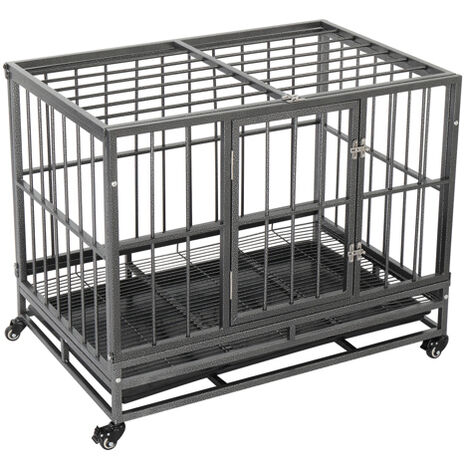 Cage pour chien robuste Chenil de caisse Parc chien pliable et transportable pour animaux de compagnie en métal portable avec plateau Argent/Noir 92,5 x 62 x 76,5 cm