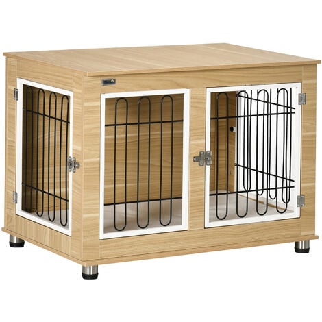 Cage pour chien sur pied - 2 portes verrouillables, coussin déhoussable inclus - acier filaire noir panneaux aspect bois clair