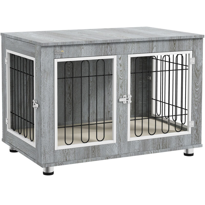 Pawhut - Cage pour chien sur pied - 2 portes verrouillables, coussin déhoussable inclus - acier filaire noir panneaux aspect bois gris - Gris