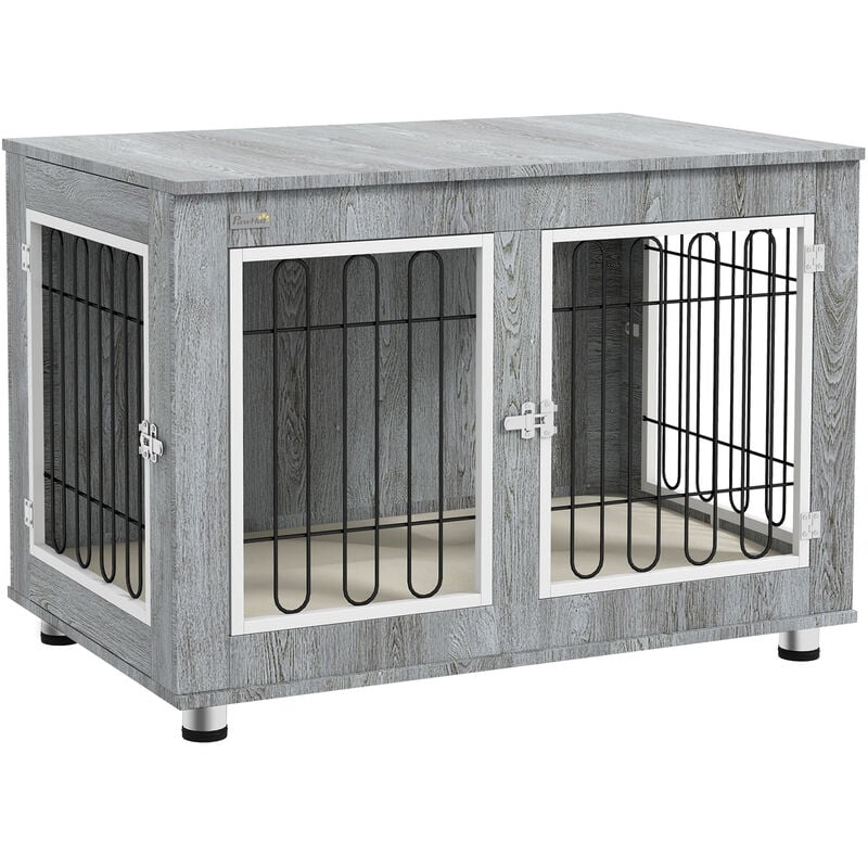 Pawhut - Cage pour chien sur pied - 2 portes verrouillables, coussin déhoussable inclus - acier filaire noir panneaux aspect bois gris