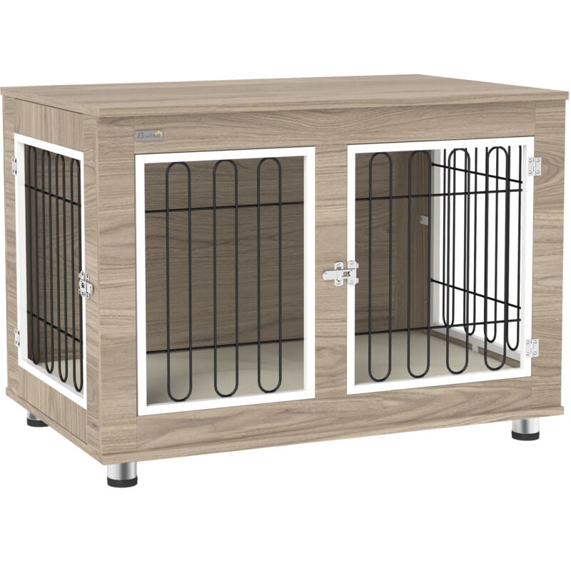 Pawhut - Cage pour chien sur pied - 2 portes verrouillables, coussin déhoussable inclus - acier filaire noir panneaux aspect bois brun