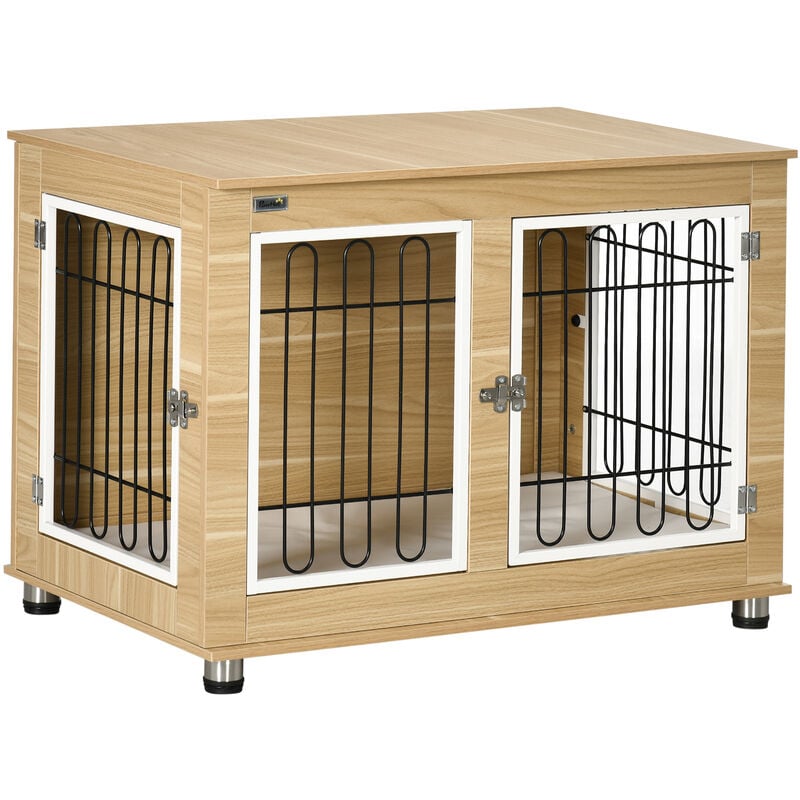 Pawhut - Cage pour chien sur pied - 2 portes verrouillables, coussin déhoussable inclus - acier filaire noir panneaux aspect bois clair