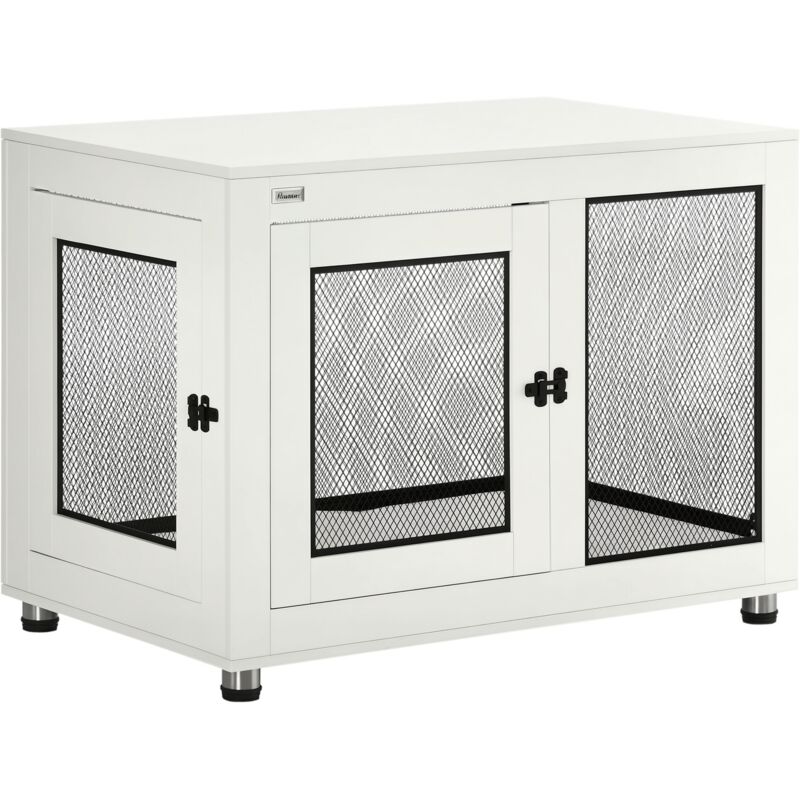 Pawhut - Cage pour chien sur pied style industriel - 2 portes verrouillables, coussin inclus - acier maillé noir panneaux aspect bois blanc
