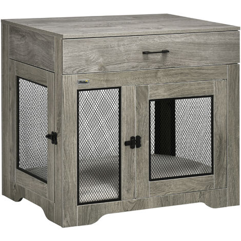 Cage pour chien sur pied style industriel - 2 portes verrouillables, tiroir, coussin inclus - acier maillé noir panneaux aspect bois gris - Gris