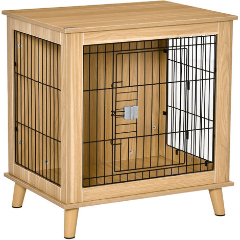 Cage pour chien sur pied style scandinave - dim. 73L x 55l x 78H cm - porte verrouillable - acier noir panneaux particules aspect bois clair - Beige
