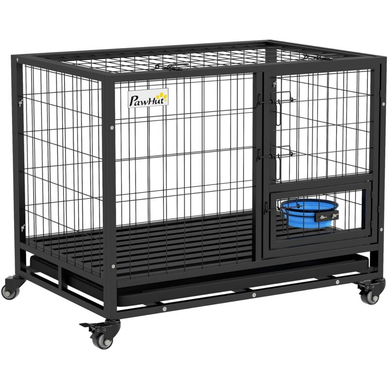 Pawhut - Cage pour chien sur roulettes 2 portes verrouillables - support gamelle, plateau amovible - acier noir
