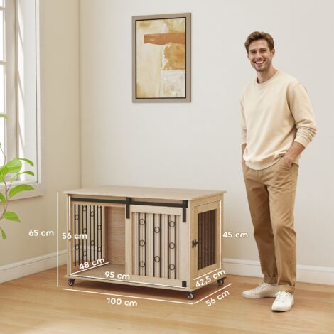 Cage pour chien sur roulettes, porte coulissante, 100 x 56 x 65 cm, bois, acier