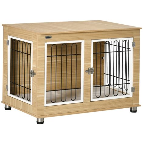 Cage pour chien-table-maison-chêne-portes doubles-intérieur-extérieur-coussin inclus-90x58x65cm