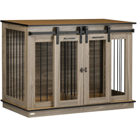 Cage pour chiens 120 L x 60 B x 88,5 H cm, 2 portes – Bois de chêne, pour chiens moyens