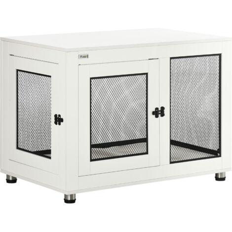Cage pour chiens avec plateau de table, coussin, 2 portes. Cage pour chiens, abri pour chiens, box pour chiens en intérieur. Plateau de soutien. Couleur blanche + noire. Dimensions : 94 x 60 x 71,5 cm