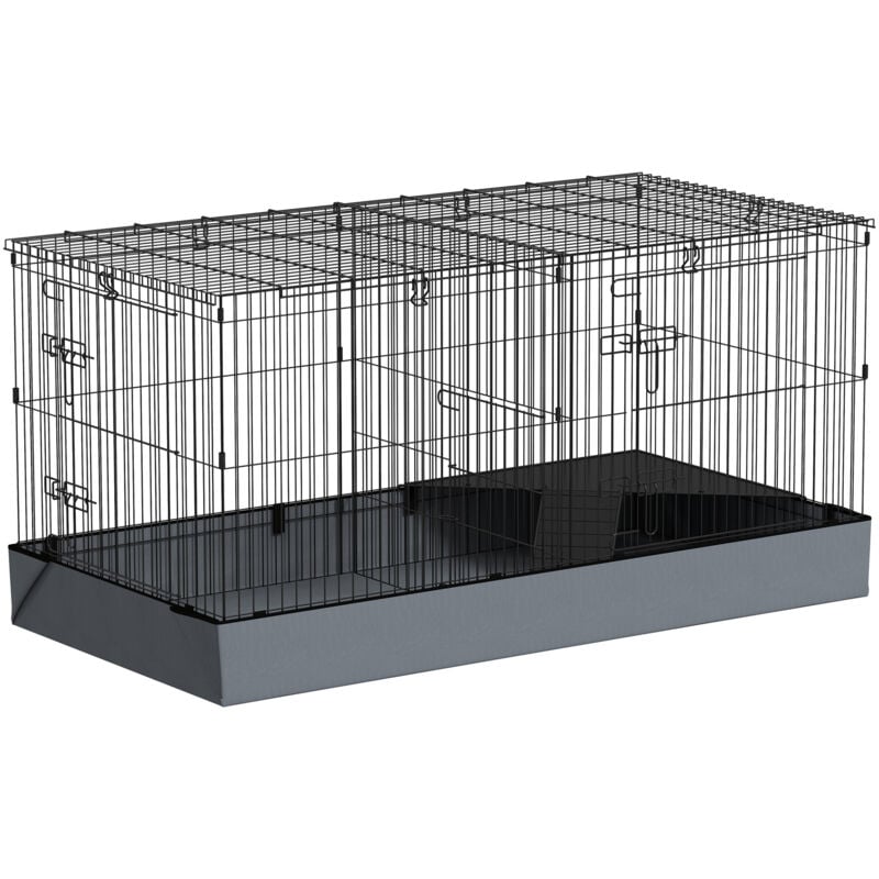Pawhut - Cage pour cochon d'inde avec séparation 2 zones - plateforme observation, rampe, portes - acier noir pvc tissu gris