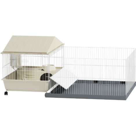 Cage pour cochon d'Inde et petits animaux avec enclos détachable, bac imperméable et distributeur de foin 108x71x57 cm couleur sable