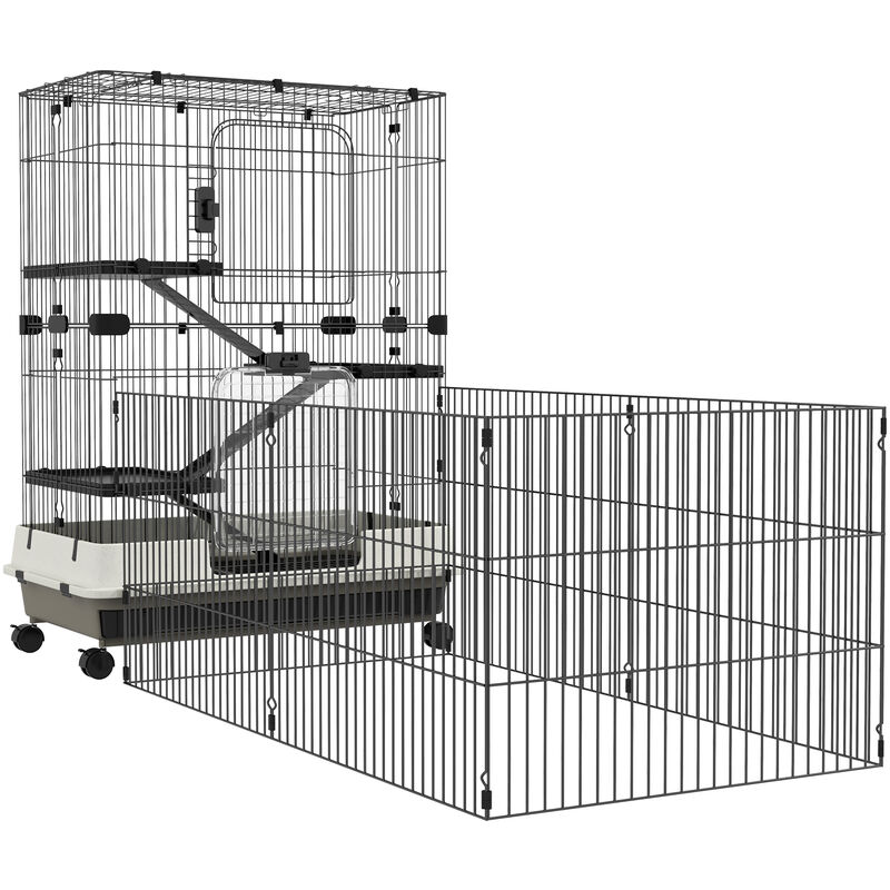 Cage pour petits animaux roulante 3 plates-formes démontables 3 rampes plateau inférieur amovible métal PP 182 x 81 x 114 cm noir