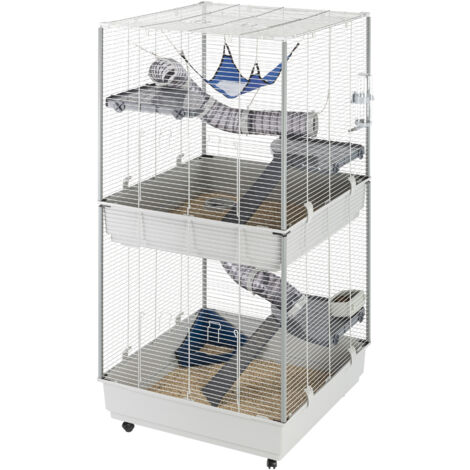 Cage pour furet 2 niveaux 75 x 80 x h 161 cm – Métal et plastique – Accessoires inclus : litière, abreuvoir, mangeoire, étages, tunnels – Ferplast