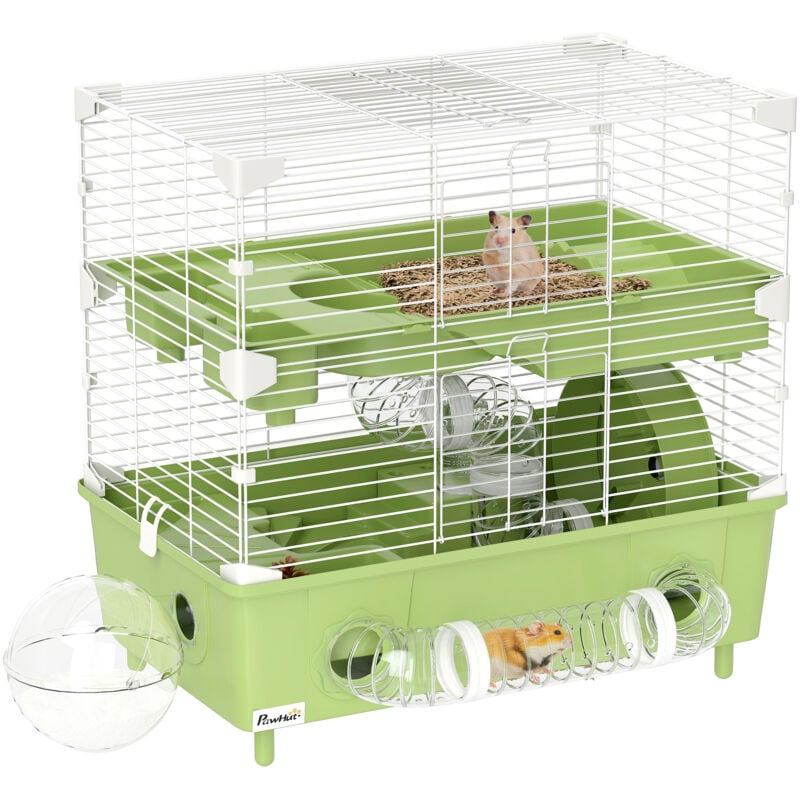 Pawhut - Cage pour hamster 2 niveaux roue sphère bac à sable tuyaux biberon eau dim. 44,5 x 28 x 44 cm blanc vert