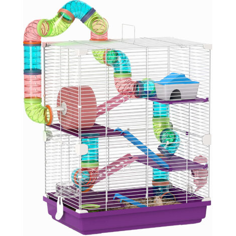 Cage pour hamster à 4 niveaux avec tunnels, mangeoire, roue et échelles - 46x30x58 cm - Violet