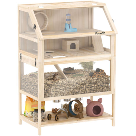Cage pour hamster habitat pour rongeur 3 étages avec panneau acrylique et roue 80x53x117cm effet bois naturel