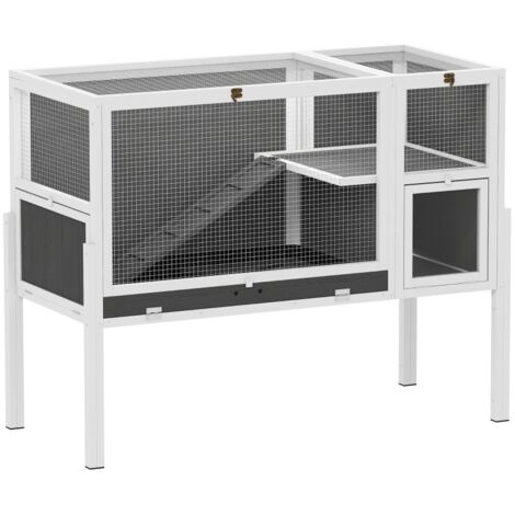 Cage pour hamster nain, lapin, cochon d'Inde, avec accessoires, design surélevé, bois et métal, gris