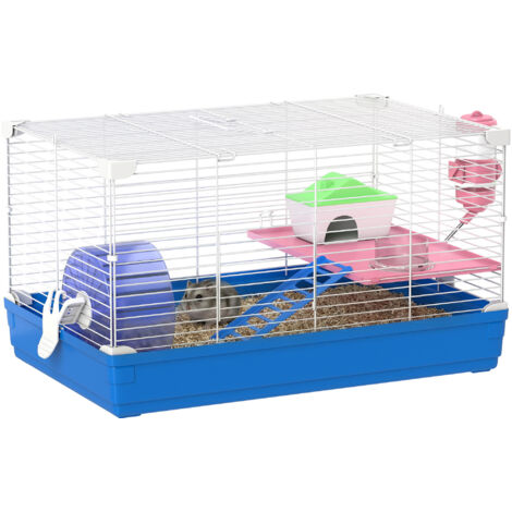 Cage pour hamster ou rongeur avec roue d'exercice, mangeoire, abreuvoir et petites rampes pour gerbilles (47x30x27 cm, bleue).