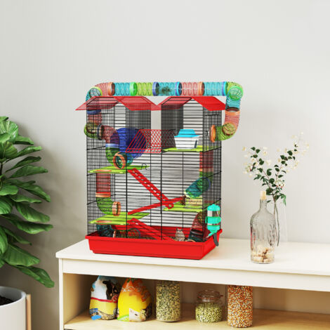 Cage pour hamster souris petit animaux rongeur avec tunnel mangeoire roue jouet 47 x 30 x 59 cm rouge