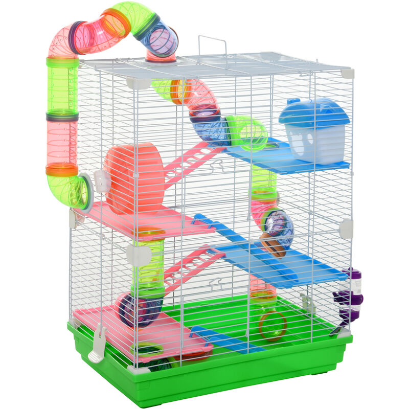 Pawhut - Cage pour hamster souris rongeur 4 étages avec tunnels mangeoire roue maison échelles dim. 46L x 30l x 58H cm cm vert