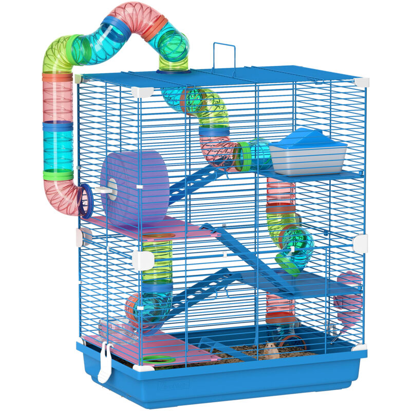 Cage pour hamster souris rongeur 4 étages avec tunnels mangeoire roue maison échelles dim. 46L x 30l x 58H cm bleu