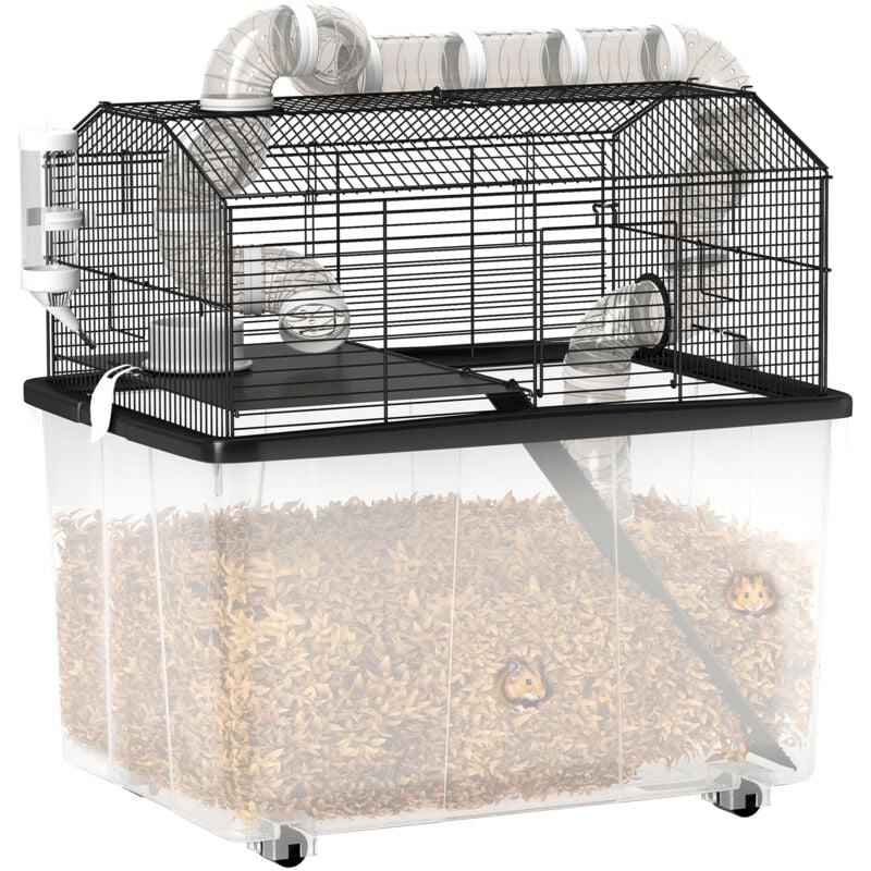 Cage pour hamster sur roulettes - cage à rongeur 2 portes - accessoires multiples - acier noir PP transparent
