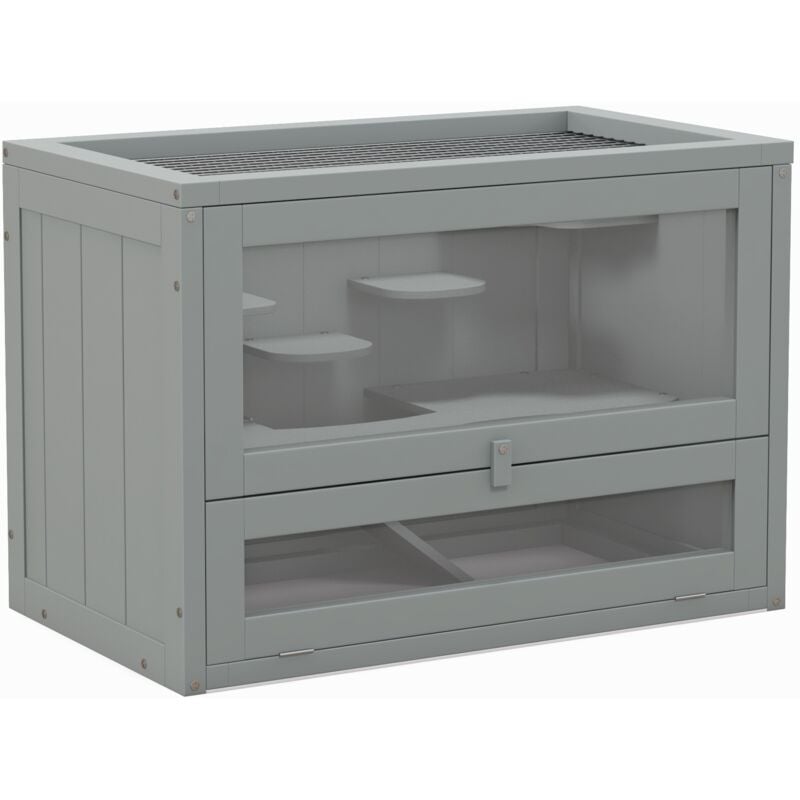 Pawhut - Cage pour hamsters souris petits rongeurs multi-équipements rampe plateformes toit ouvrant grillagé porte bois de sapin plexiglas gris