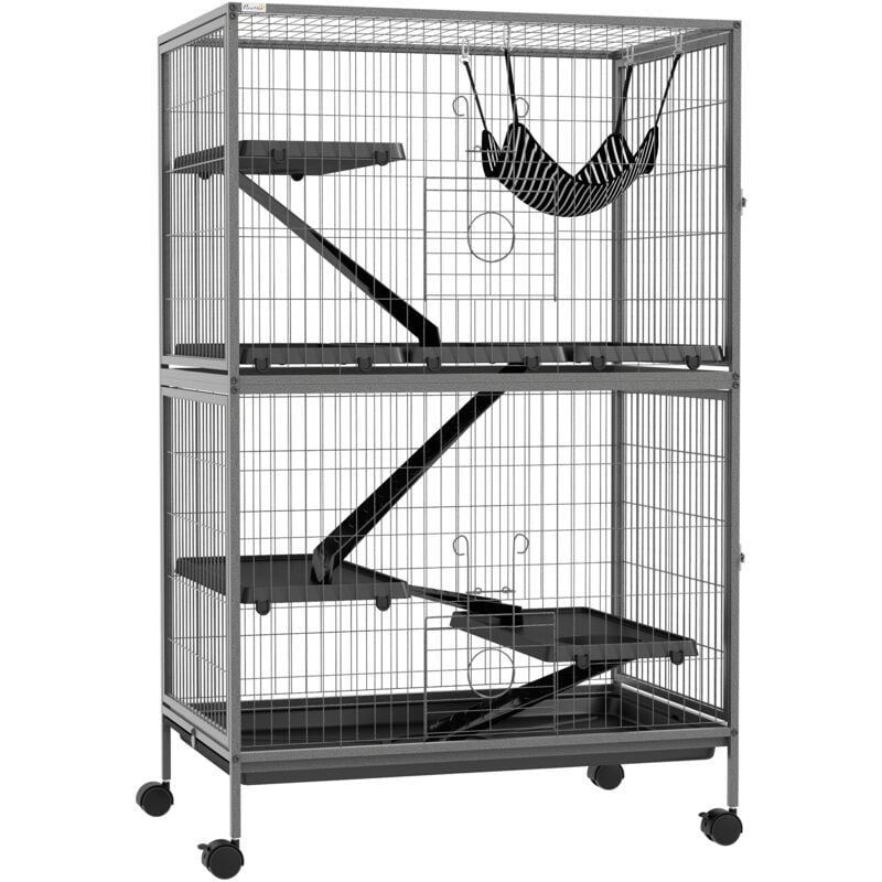Pawhut - Cage pour rongeurs furet chinchilla 4 plateformes 3 rampes 4 portes hamac plateau acier gris noir