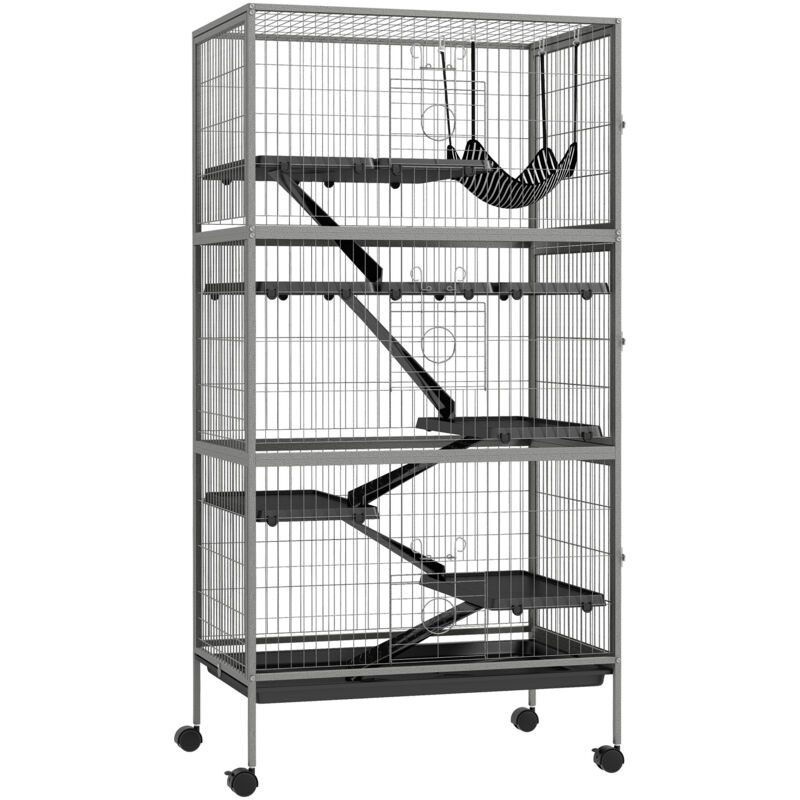 Cage rongeurs 4 plateformes 3 rampes 4 portes dim. 80L x 52l x 159H cm acier gris moucheté noir