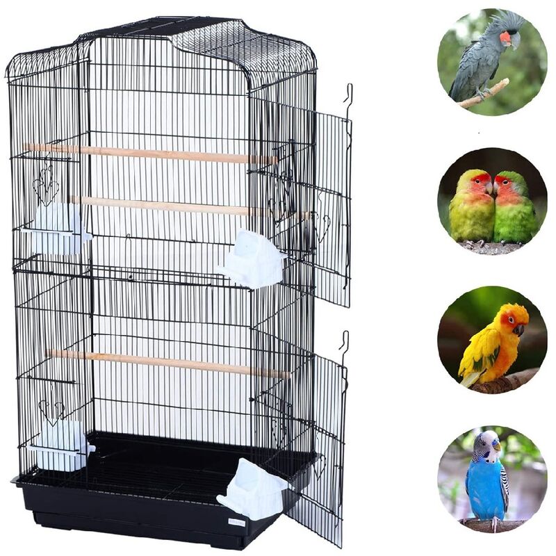 Cage à Oiseaux Volière avec Mangeoires Perchoirs Plateau Amovible 2 Portes dim. 46,5L x 35,5l x 92H cm Métal Noir