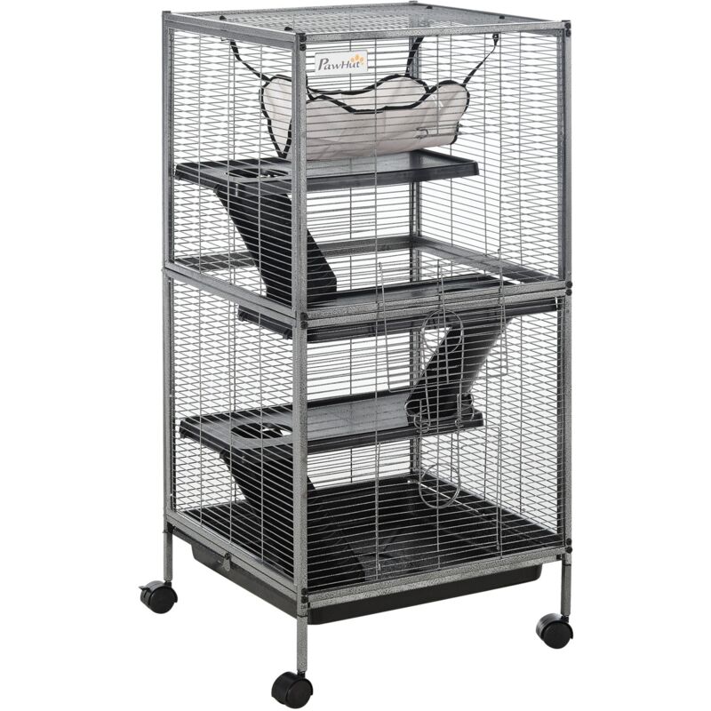 Cage pour petits animaux portable avec 2 portes hamac métal PP 52 x 52 x 113,5 cm gris