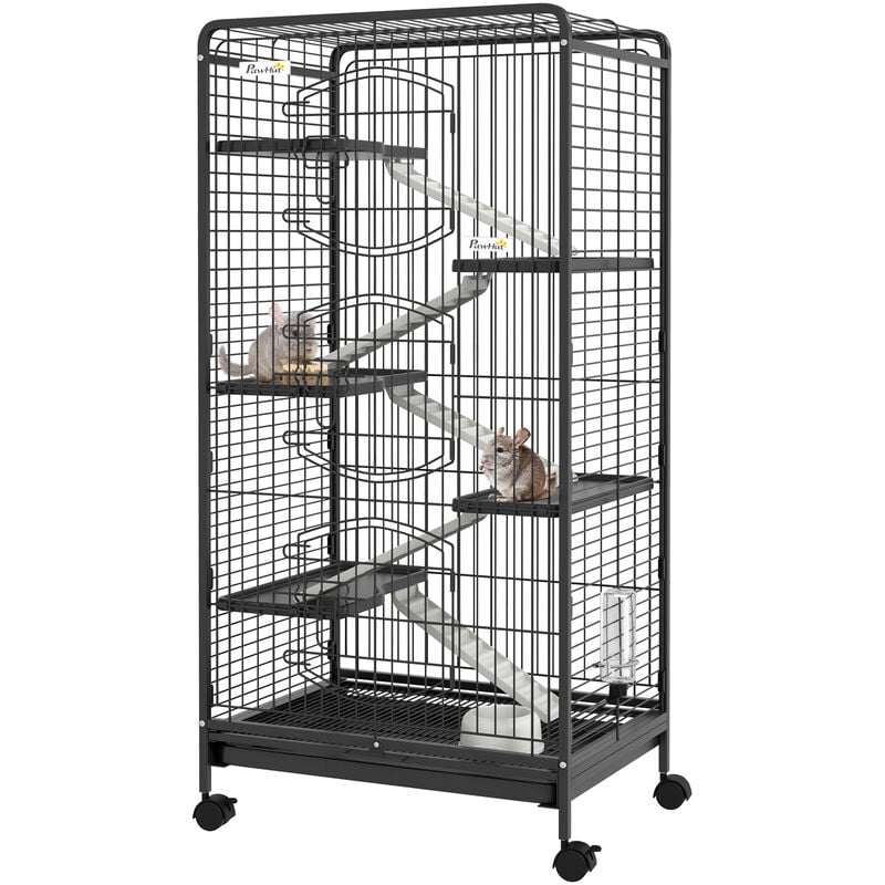 Pawhut - Cage pour petits animaux roulante 5 rampes 5 plateformes gamelle distributeur eau plateau amovible métal pp noir