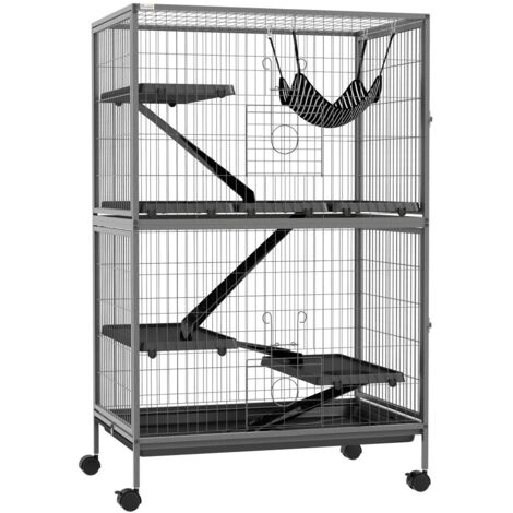 Cage pour rongeurs multifonctionnelle 4 plateaux 3 rampes 4 portes 80x52x128 cm acier gris argenté noir