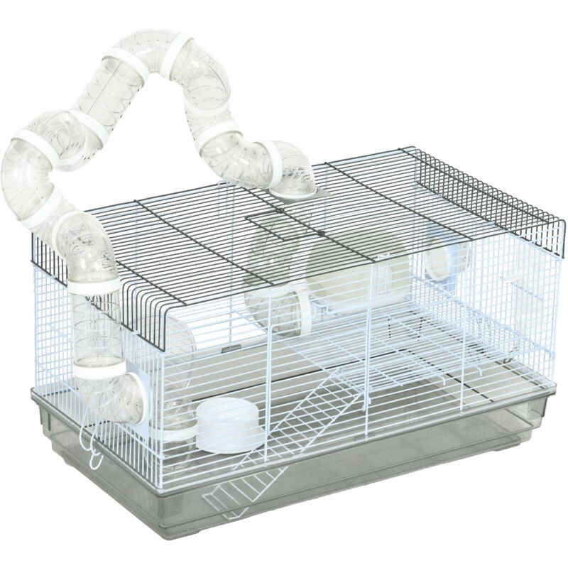 Pawhut - Cage rongeur hamster - tunnel, poignée, accessoires - plastique acier gris blanc - Gris