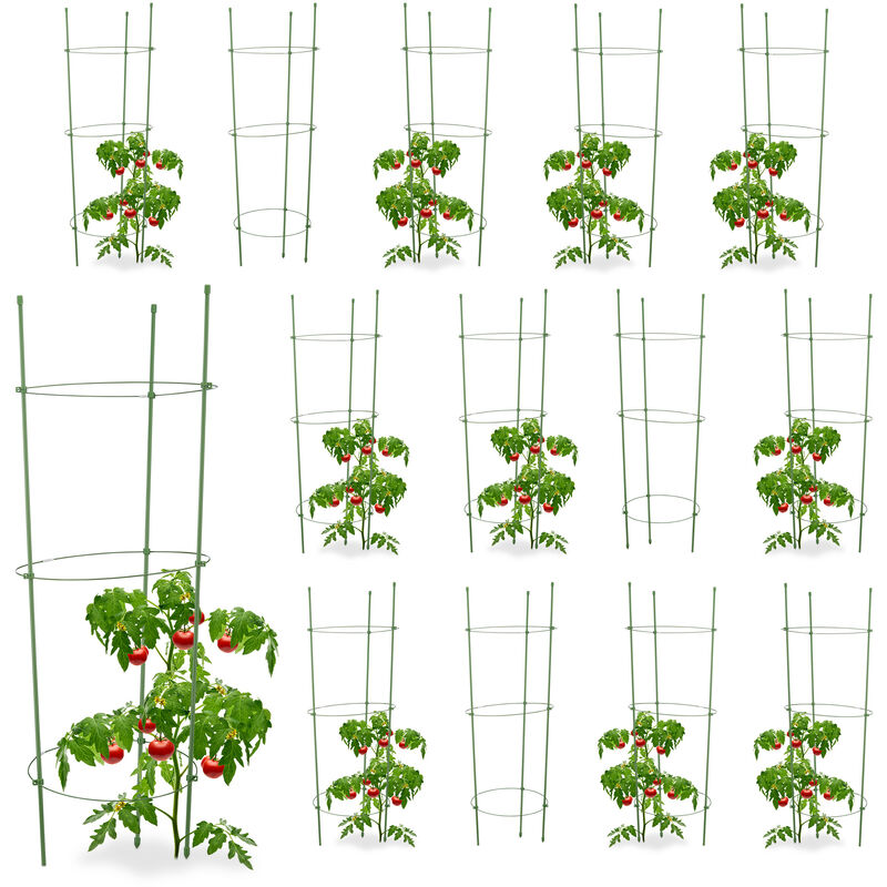 Cage à tomates, lot de 14, Tuteur plantes grimpantes, support à 3 anneaux, jardin, balcon, 76 cm long, vert