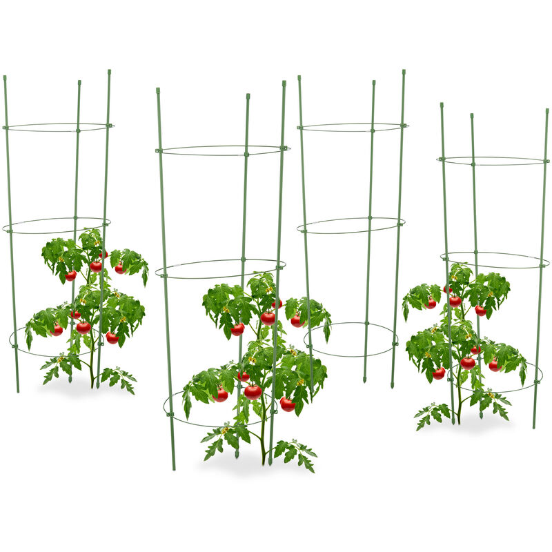 Relaxdays - Cage à tomates, lot de 4, Tuteur plantes grimpantes, support à 3 anneaux, jardin, balcon, 76 cm long, vert
