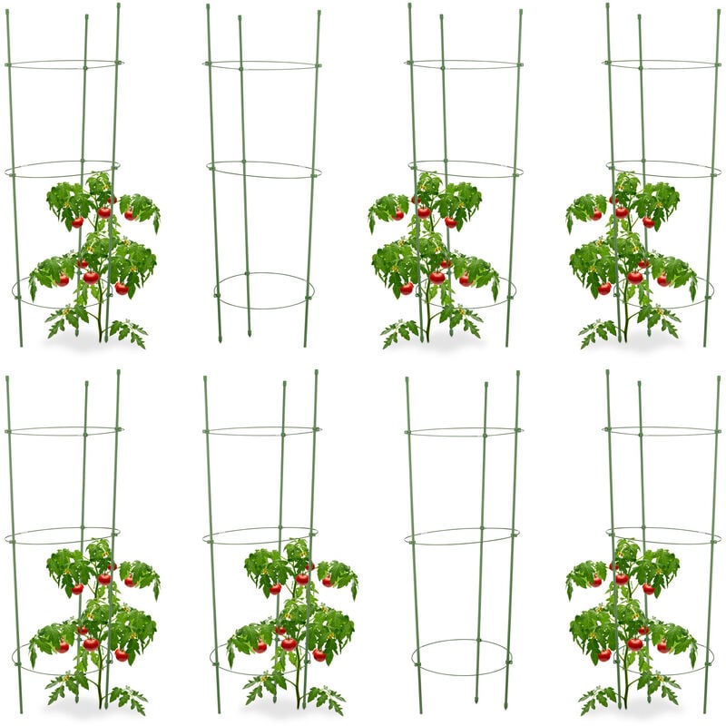 Relaxdays - Cage à tomates, lot de 8, Tuteur plantes grimpantes, support à 3 anneaux, jardin, balcon, 76 cm long, vert