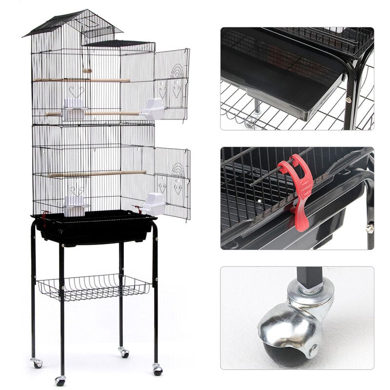 Cage,Cage Oiseaux Volière Portable Toit Ouvrable Design pour Perruche Calopsitte Canari Inséparable Mandarins avec Support Détachable,46 35.5 158.5cm