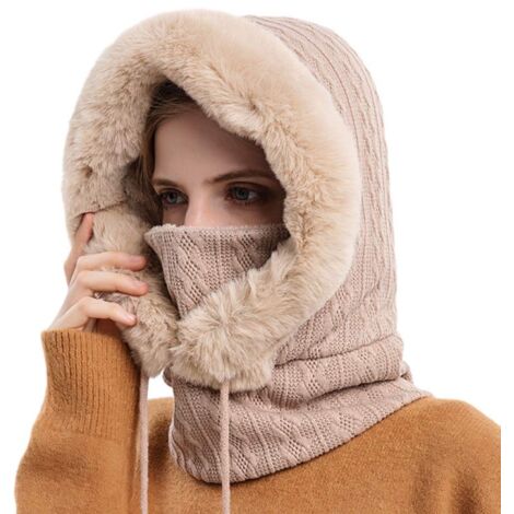 Cagoule chaude pour femme, coloris beige, bonnet de ski et cyclisme