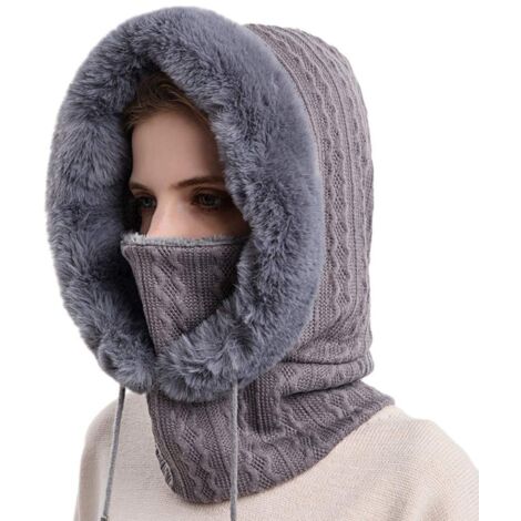 Cagoule chaude pour femme, coloris gris, bonnet multifonction hiver