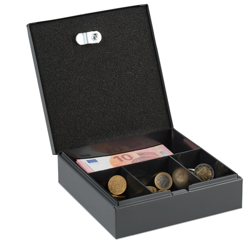 Relaxdays - Caisse à monnaie, verrouillable, compartiment amovible divisé en 4, fer, h x l x p : 6 x 17 x 17,5 cm, grise