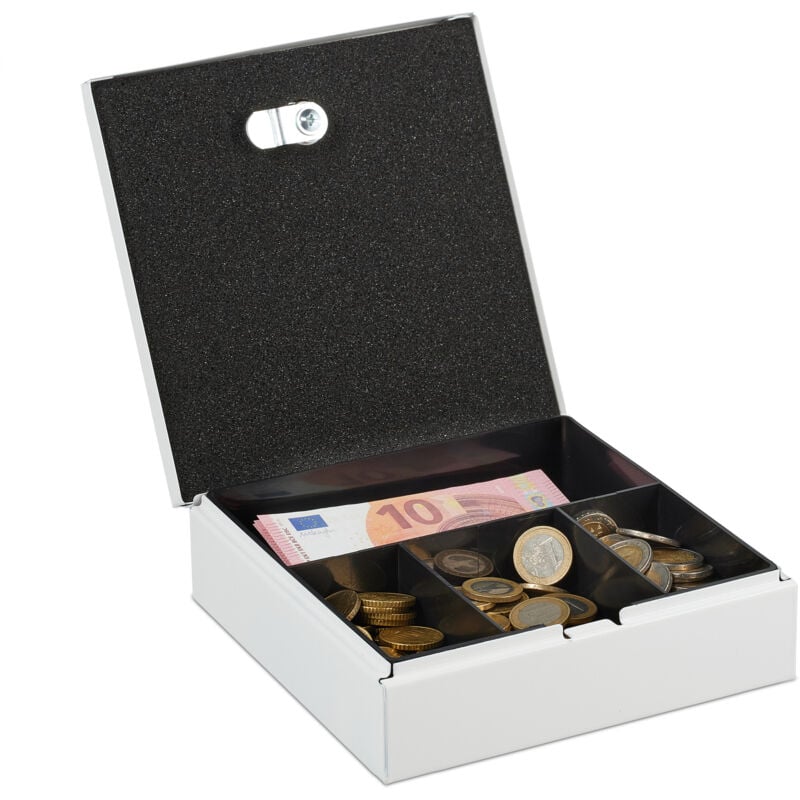 Relaxdays - Caisse à monnaie, verrouillable, compartiment amovible divisé en 4, fer, h x l x p : 6 x 17 x 17,5 cm, blanche